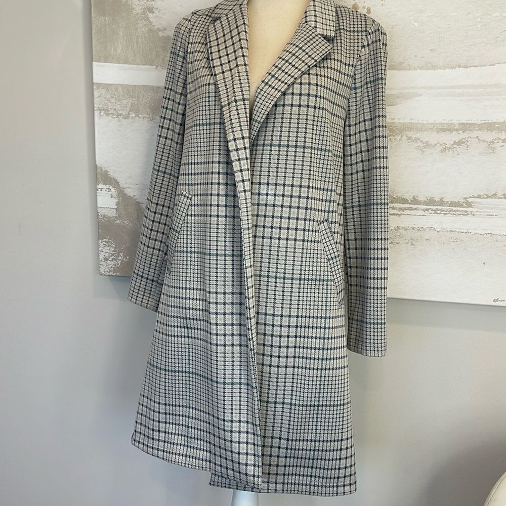 Melloday TRENCH COAT GREY BLUE PLAID SLASH POCKET OPEN FRONT